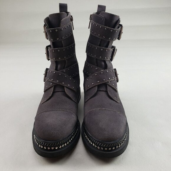 Vince Camuto Bobette Biker Boot Womens 9 Gray Suede Buckles Chunky Combat Stud - Picture 3 of 13